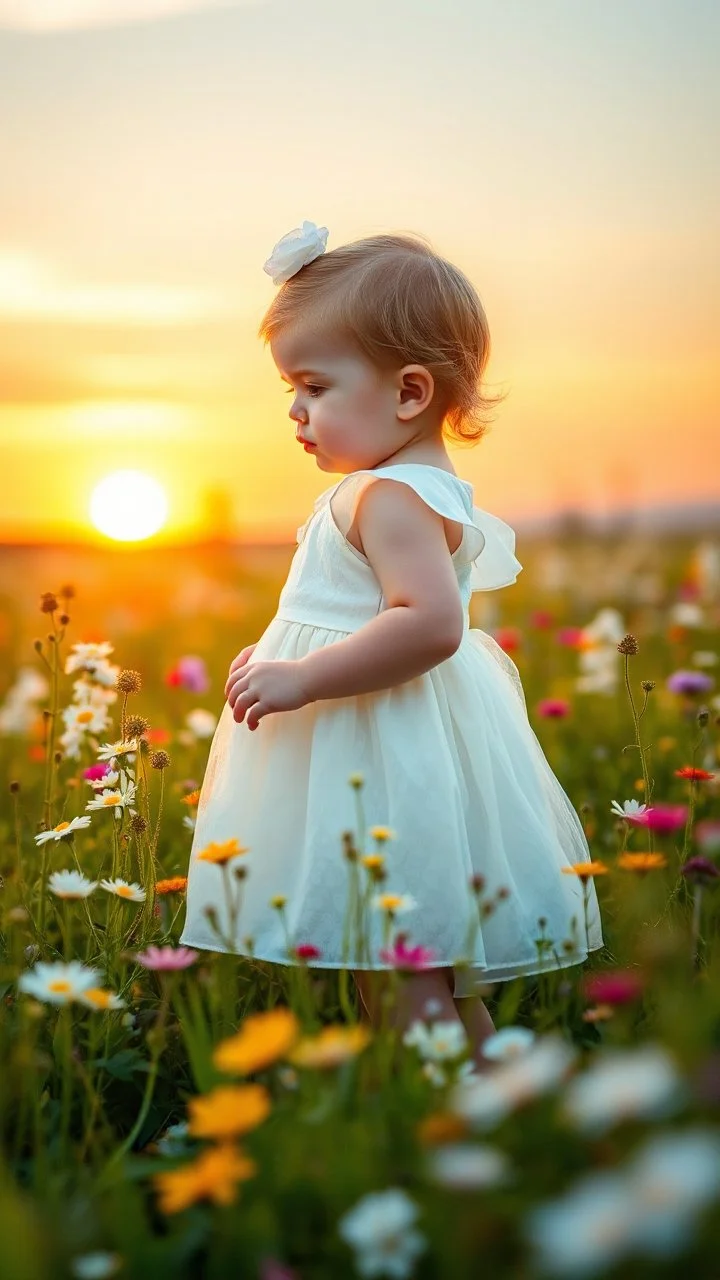 A baby girl with a white dress standing in beautiful colorful meadow of wild flowers floral background, landscape with white or pink flowers with sunset and blurred background. Soft pastel Magical nature copy space evening not bright