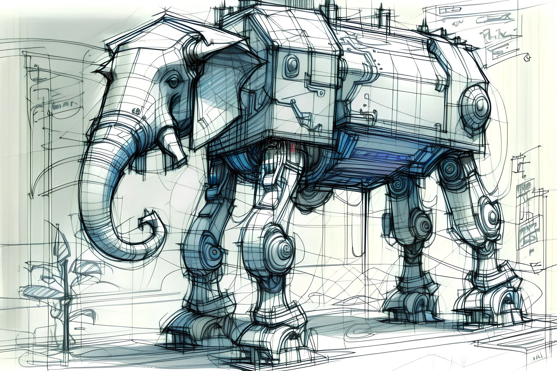 Blueprint concept art sketch: robotic trunk from elefant, with eye in trunk