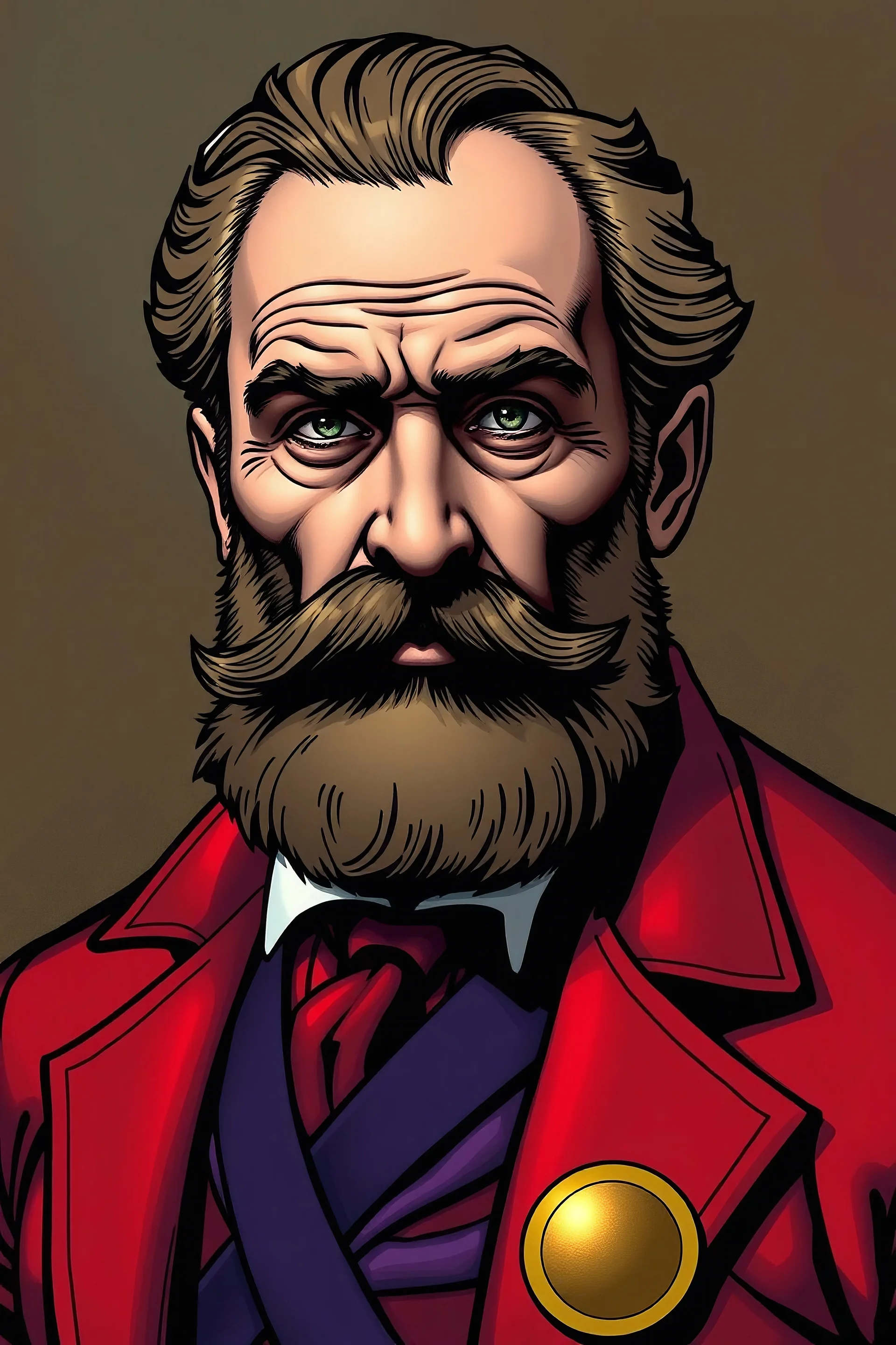 ¡Claro! Aquí tienes el texto ajustado para que puedas usarlo en la herramienta de generació Imagina un retrato detallado de Gustav Kirchhoff, el famoso físico, pero representado como un personaje de cómic similar a Magneto. Kirchhoff debería tener una barba completa y un bigote, tal como se muestra en las fotografías históricas de él, con signos visibles de edad como arrugas y una expresión sabia. Está vestido con el traje icónico de Magneto, en colores rojo y púrpura, incluy