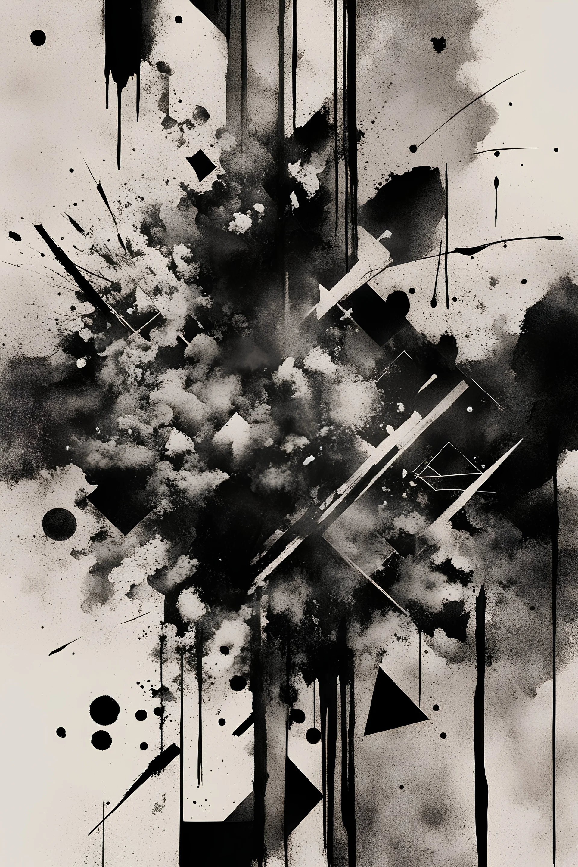 A abstract modern realism design black ink with brushstrokes and ink splatter of geometric patterns in negative space