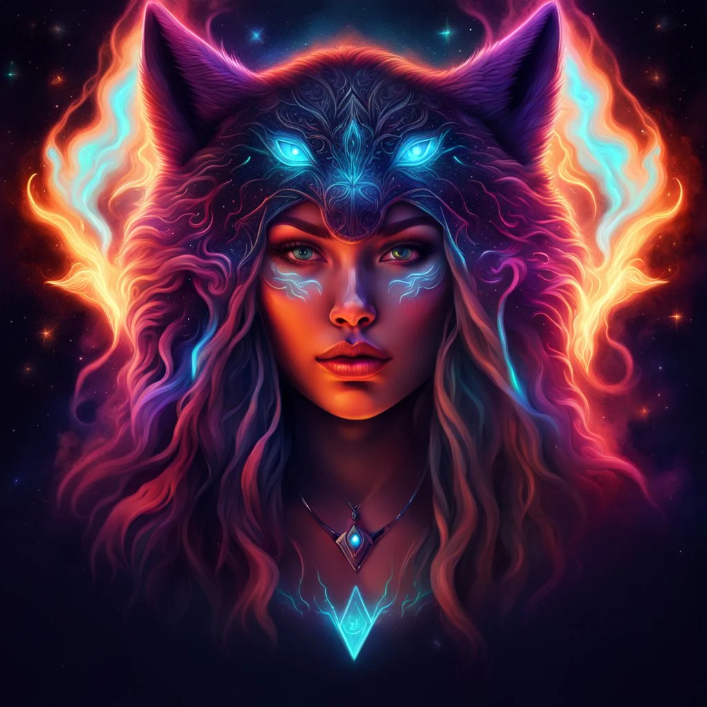 Cosmic dream face, woman, neon, abstract, amazing shadow and lightning, 4k, cinematic, glowing eyes, cosmic, face, dream, space, stars, amazing, art, glowing, fire, fantasy, crazy, ultimate, club, insane, hippie, digital painting, watercolor, wolves, bears, eagles, pagan, runes