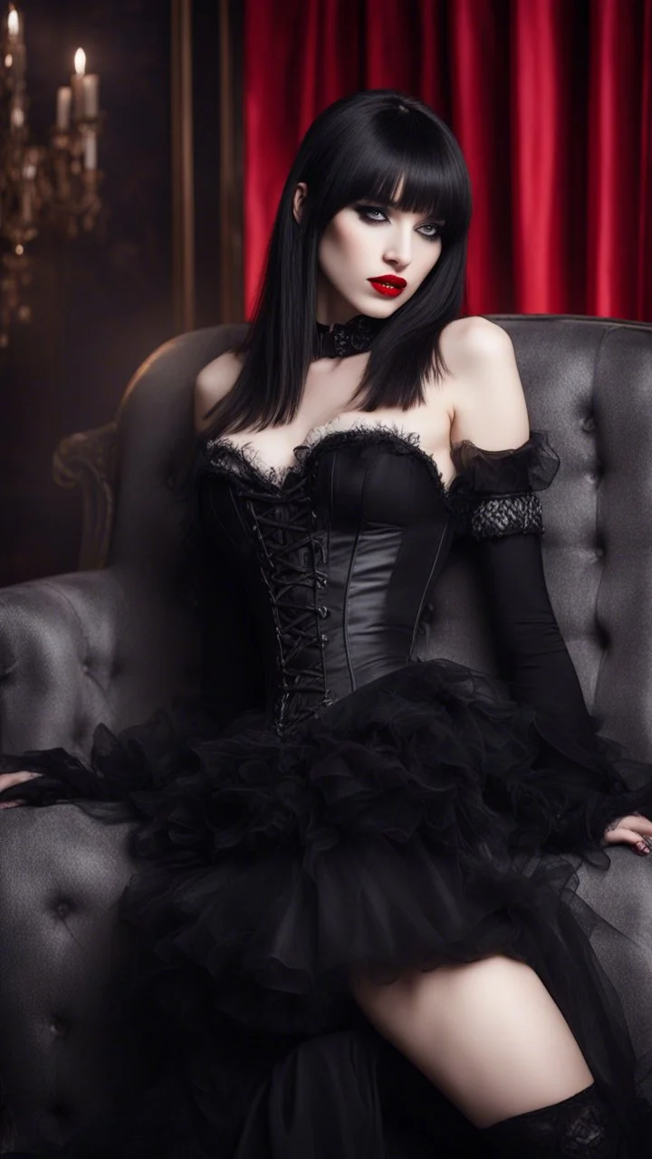 Full-body shot, of slender goth woman, lying on a couch, long straight brunette hair with bangs, fair skin, red lips, slender, flared skirt, corset, stockings. fantasy background.