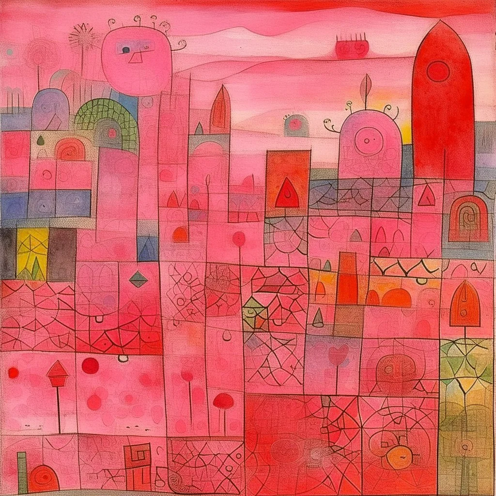 A pink magical land with runestones painted by Paul Klee