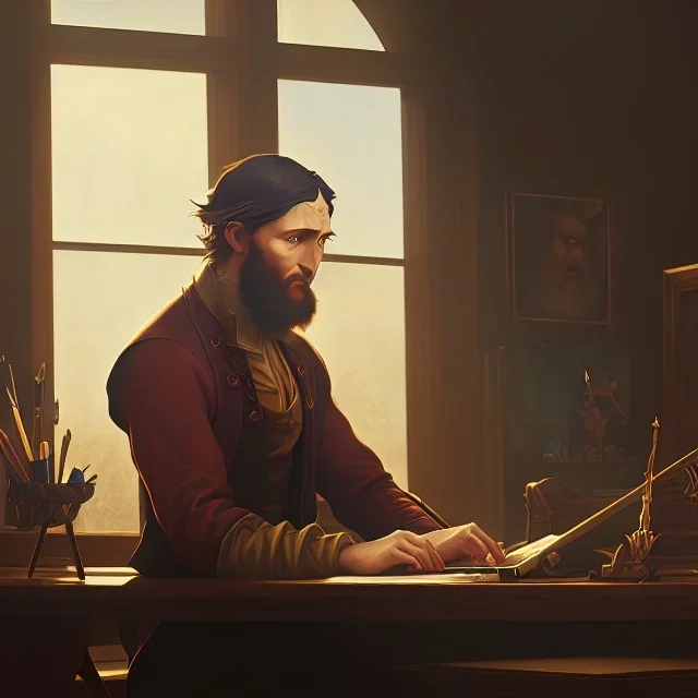 leonardo da vinci works in his study on a laptop at his desk. painting in photoshop. hyperdetailed, warm colors, movie poster, photoillustration, oil on canvas, lens flare