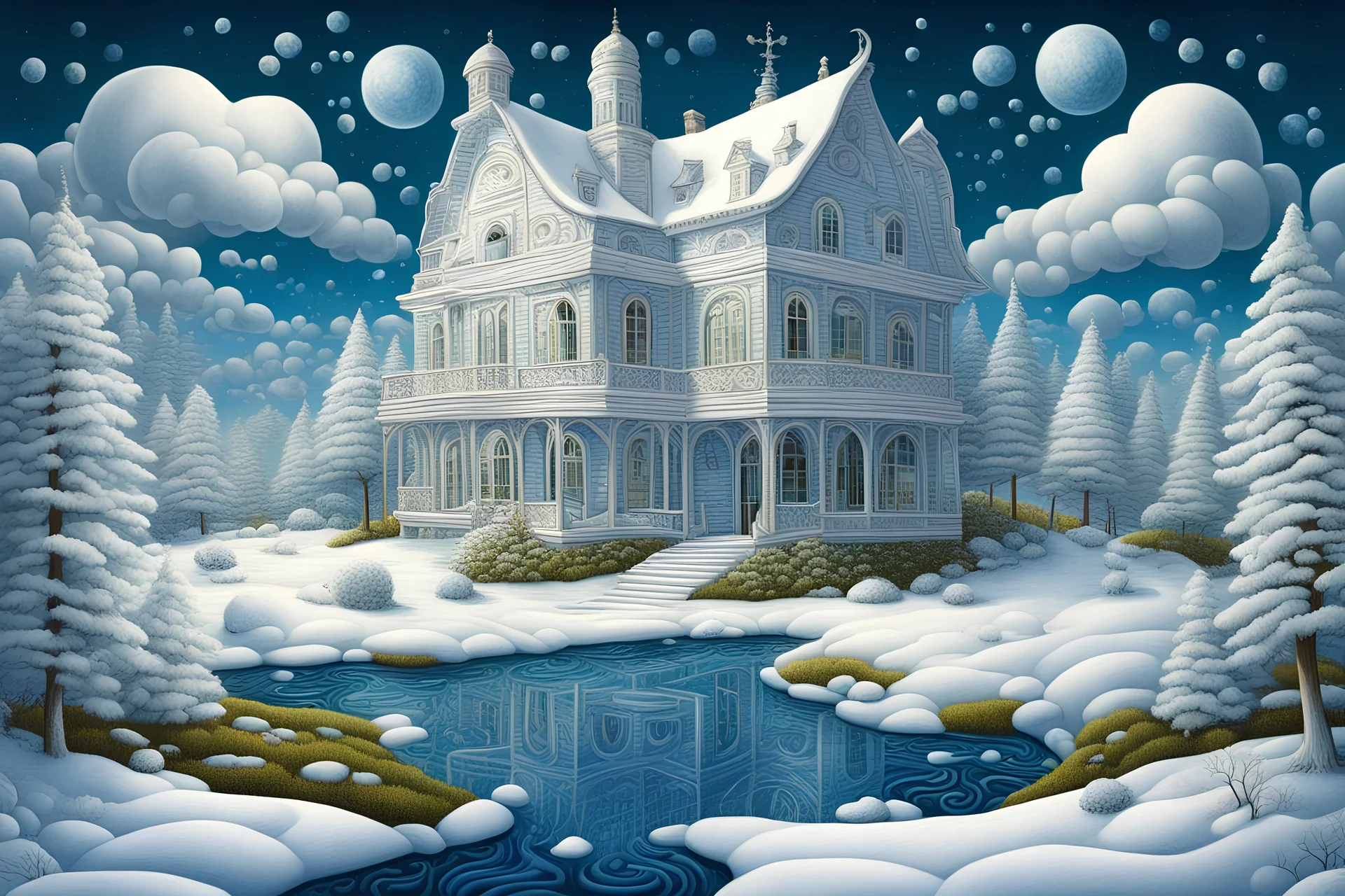 White and blue-white landscapes. Deep blue white house, blue-green sky, white clouds, white snow. Artwork by Jacek Yerka. Crisp Focus, Elegant, Intricate 8K Masterpieces, Beautiful HD Crisp Quality, Jacek Yerka, Acrylic Art, Quilted, Surreal Line Art, Rich Colors by Alexander Jansson, Spectacular Zentangle-style © Crystaldelic