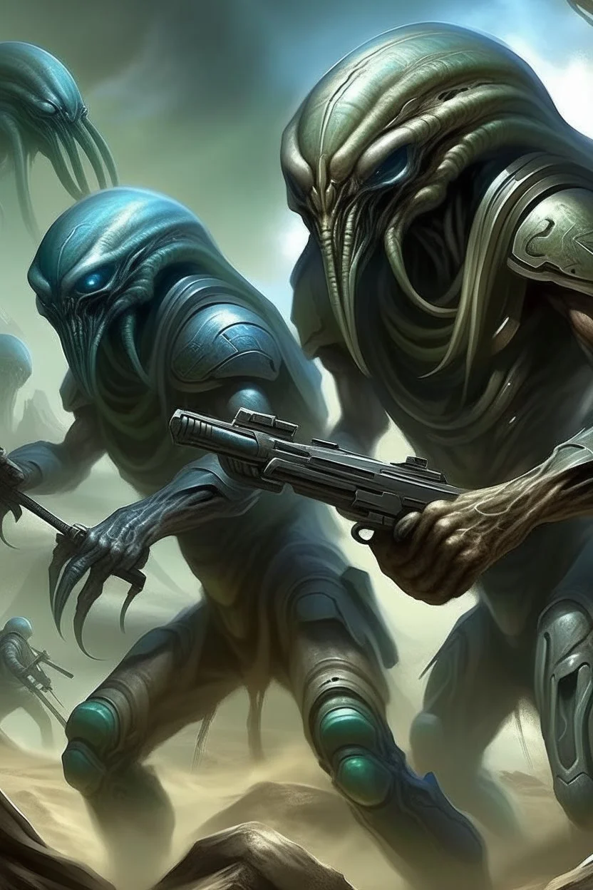 Aliens hooded creatures with weapons around metal epic Echo of Ruins