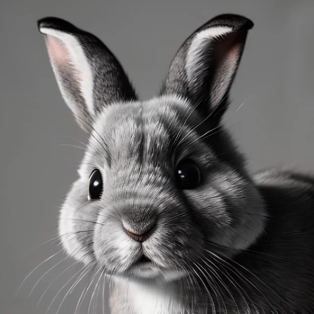 image with 1 grey rabbit and 1 black and grey rabbit and 1 red-headed cat