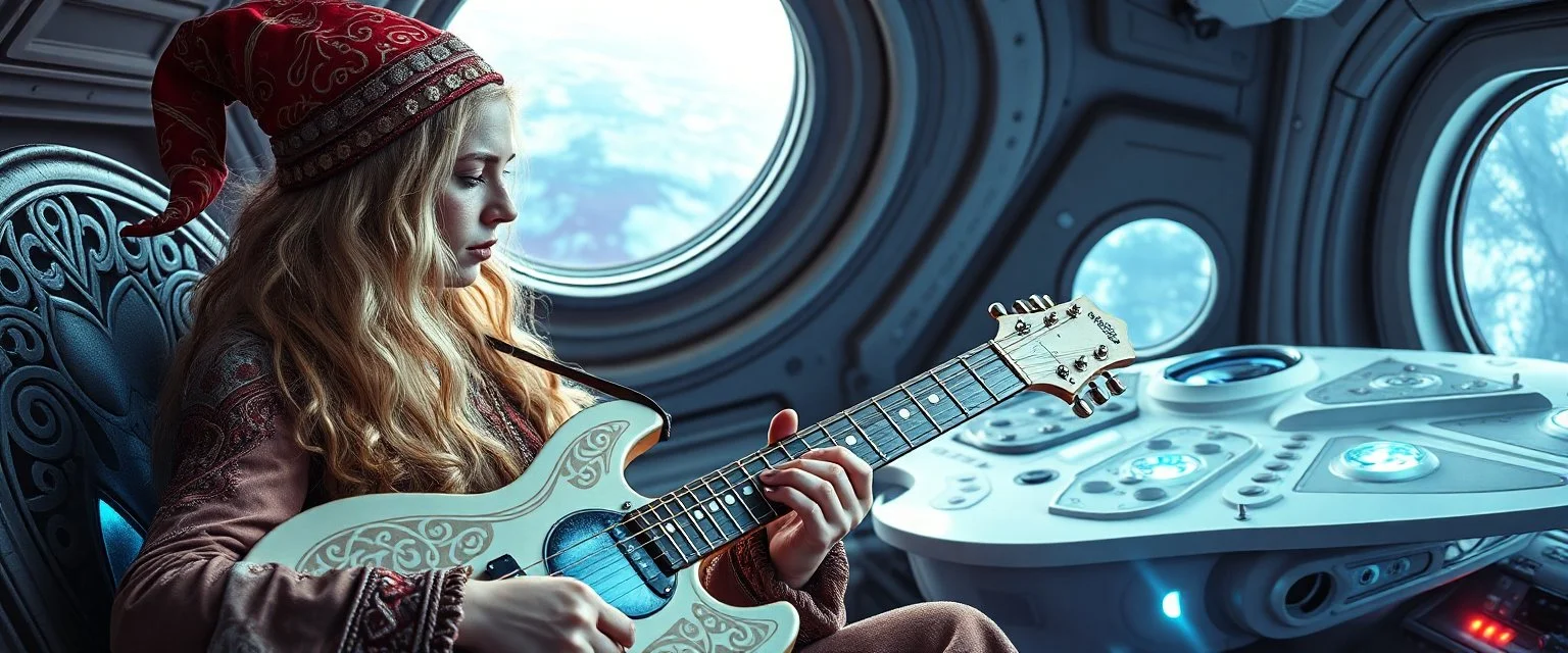 gandalf as young woman hypnotic guitar acoustic banger performance, instrumental, celtic, georgian, gypsy jazz, back on track portrait of space captain gnome lich, , priest psycho, in cockpit, celtic knot hollow tube transparent core ornate indented space ship, shiny bright mega ship flourescent white blue like bubble gum with a few big windows and decks,