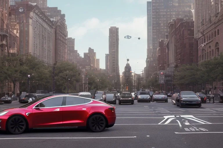 A Tesla 'Model S' is drifting at high speeds, near the Flatiron Building in Manhattan. (CINEMATIC, WIDE ANGLE LENS, PHOTO REAL)