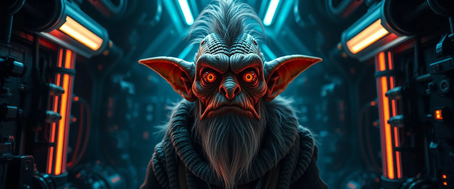gremlin wise man portrait, with background— Fuel-to-Light Reactors “Futuristic micro-reactor using Zephyrium and Luminite, releasing controlled light and energy pulses, sci-fi engine room, glowing plasma tubes, high-tech industrial aesthetic, cinematic perspective, ultra-detailed and dramatic lighting.”