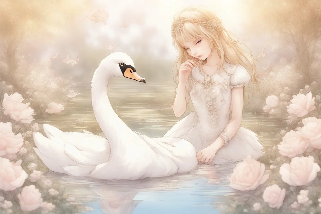 beautiful swan and cute chibi princess in a flowergarden with beautiful flowers, pond, in sunshine, H.R. Giger, anime, steampunk, surreal, watercolor and black in outlines, golden glitter, ethereal, cinematic postprocessing, bokeh, dof