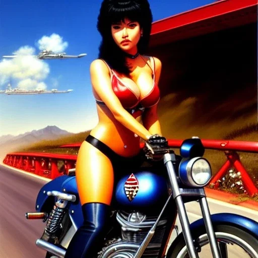 portrait of busty beautiful 'Female Rider on Shotaro Kaneda's Bike',painting by Earl Norem, simon Bisley, evan lee, 86-86, oil on canvas, cinematic composition, extreme detail,fit full head inside picture,8k