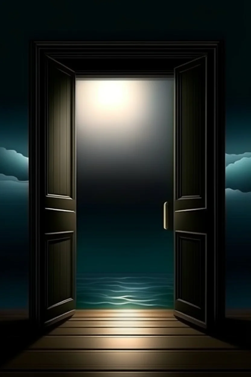 there is an open door in a dark room and behind the door there is a beautiful sea, the sun, realistic