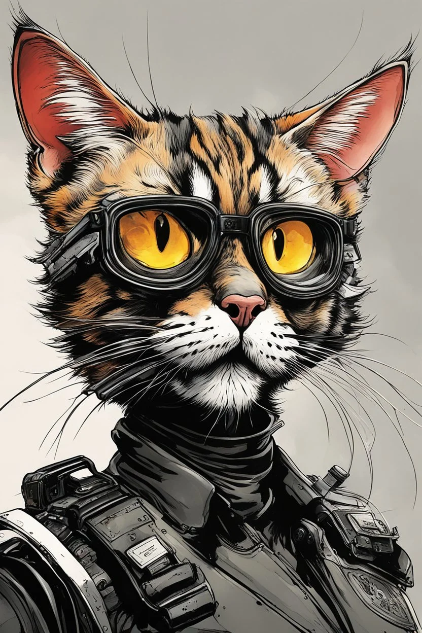 create a wild caricature of a grizzled streetwise cyberpunk female mercenary cat highly detailed with refined feline features in the caricature style of Gerald Scarfe and Ralph Steadman, precisely drawn, boldly inked, vividly colored, 4k