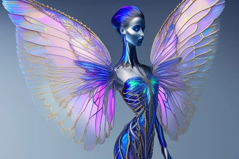 a sleek and sophisticated (((modern intricate iridescent fairy wing))), featuring highly detailed and accurate full body back views that incorporate human anatomy elements like ribcage, spine, shoulder blades, and hip bones. Colors blending blue, dark blue, purple, gold, and silver give off a softly glowing pink hue at the wing tips, highlighting the fantastical interplay of light and shadow