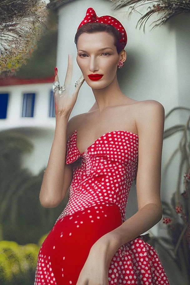 Behold the majestic Bella Hadid a striking figure draped in elegance and refinement as she channels the timeless style of the beloved Princess Margaret during her visit to the exotic land of Trinidad in 1955 donning a ravishing red polka dot dress that effortlessly showcases her effortless grace and a pair of pristine white gloves that exude regal sophistication all while strutting down the illustrious Rodarte catwalk with a confidence that leaves mere mortals in awe and admiration