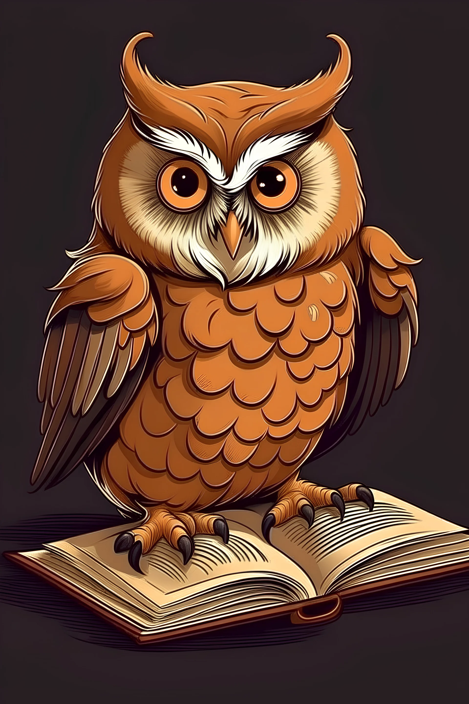 большая коричневая сова, увлеченно читающая книгу, сова и книга должны быть нарисованными в серьезном стиле
