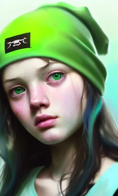 girl, cute, big boobs ,beautiful, long hair, wavy hair, green hair, blue eyes, green beanie, green suimsuit, black tee shirt, green shorts, head and shoulders portrait, 8k resolution concept art portrait by Greg Rutkowski, Artgerm, WLOP, Alphonse Mucha dynamic lighting hyperdetailed intricately detailed