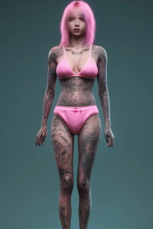 Ultra Realistic image, young brunette blonde woman, yakuza full body tattoo, waist up portrait, small stature, small chest, transparent latex coat, pink panties, rain, fog, hot, dark, leds, neon, cyberpunk, vibrant color, highly detailed, art stations, concept art, smooth, unreal engine 5, god rays, ray tracing, RTX, lumen lighting, ultra detail, volumetric lighting.