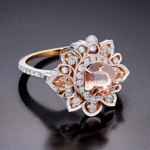 diamond and morganite ring, art noveau, filigree, floral, breathtaking, highly ornate, delicate, intricate, photorealistic, high fashion, fine jewellery, luxury, designer