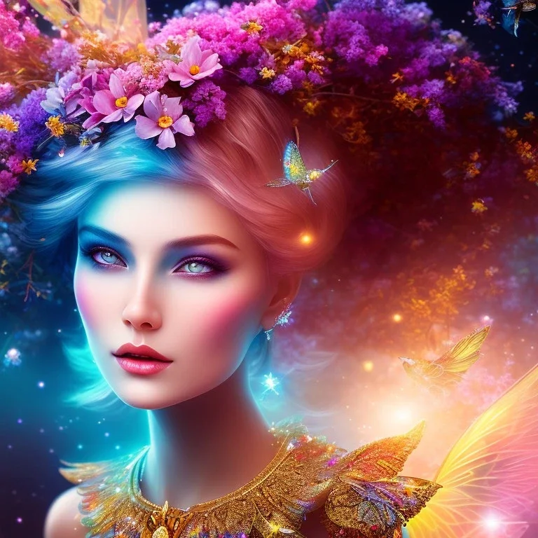 bright fairy, beautiful portrait, flowery landscape, cosmic ambiance