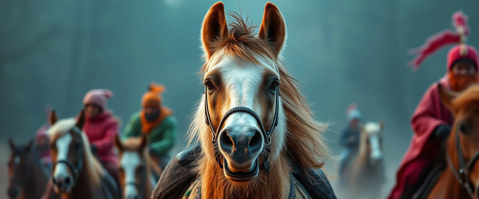 the high speed magical face of a fluffy mongolian panda horse with riders