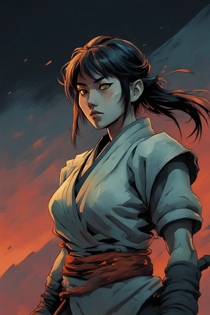 Original anime Japanese female kungfu warrior main character . Studio ghibli style mixed with Frank Frazetta. Mobius style background. Iconic character design. Dynamic silhouette . Unique features. Make the eyes the focal point. Dystopian sci-fi . Stone cold killer. Brilliant use of color theory and cinematic lighting. cubism style, cartoon style