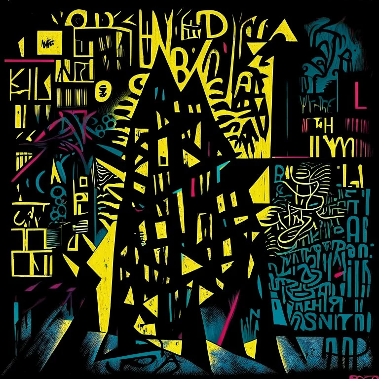 Abstract art masterpiece by Ray Johnson and Colin McCahon and Phlegm, depicting the concept of nyctophobia (fear of the dark). The surreal illustration is a mind-bending, asymmetric composition burning features and dark silhouettes evoking a sense of fear and unease. Neon color acid wash, Lovecraftian precise geometric shapes and straight lines.