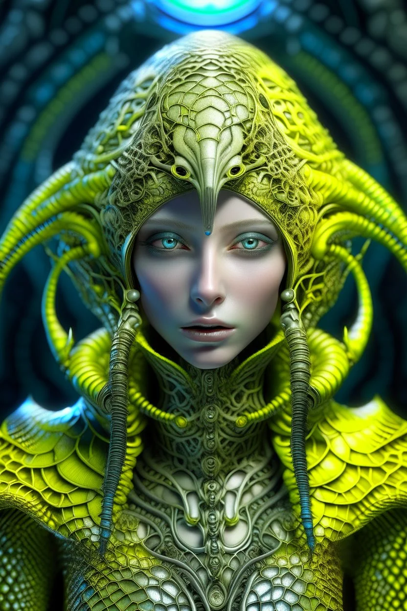 A beautiful alien with big eyes and small nose and mouth wearing a bioluminescense light yellow zafír biomechanical silver metallic diadem headress, wearing biomechanical amalgamation style leather jacket dress ribbed with silver floral metallic filigree biomechanical vantablack pattern, organic bio spinal ribbed detail of gothic winter backround extremely detailed maximalist hyperrealistic portrait art
