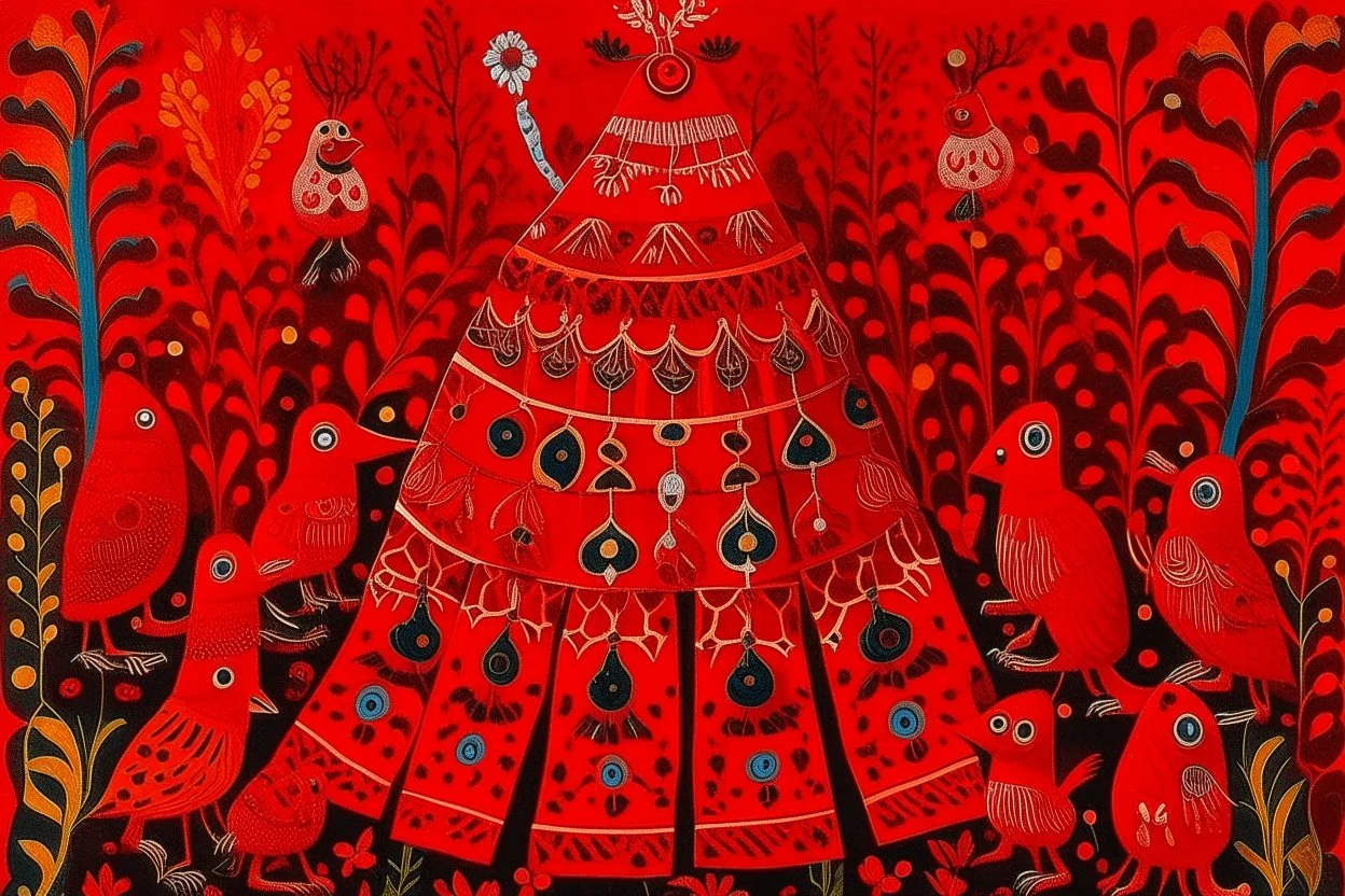 A dark red festival with bells designed in Kuna molas painted by Claude Monet