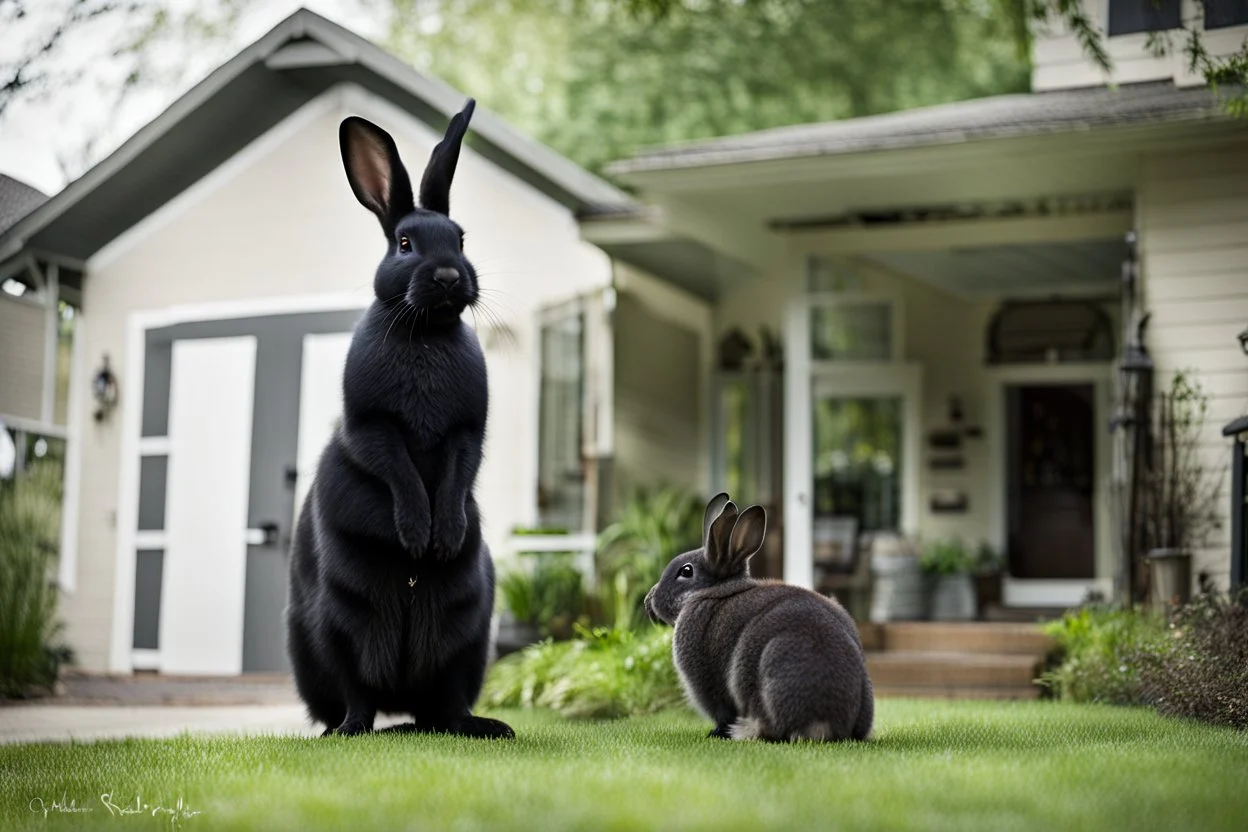 Photograph of an 8 foot tall black rabbit standing next to a house