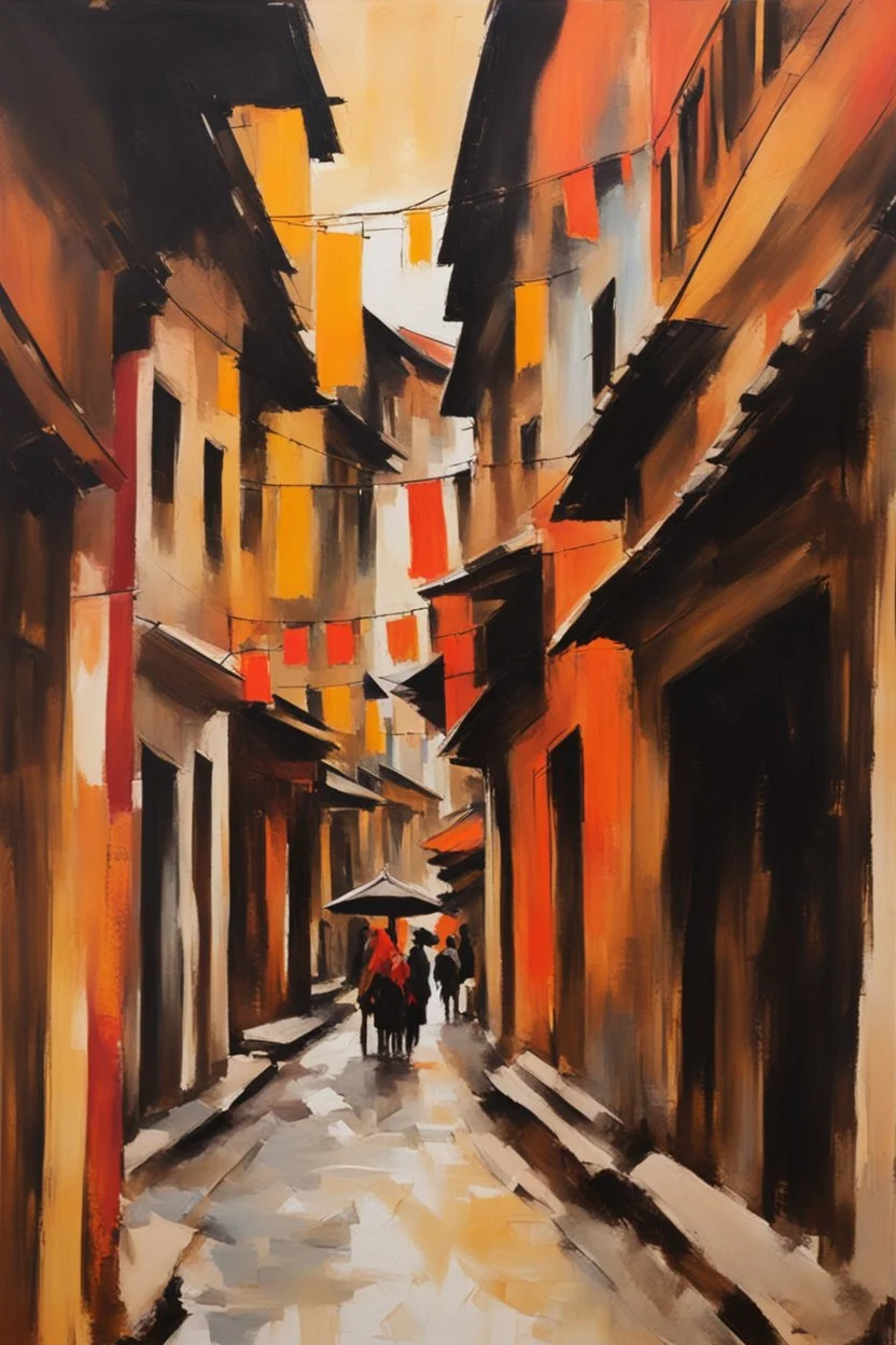 bustling medieval Kathmandu street, thick impasto painting, centered, minimalist, thick sparse brushstrokes, bold colors of orange, beige, yellow, red and black, sporadic tint ink leaks, perfect verticals, amazing parallels