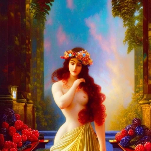 Hyperdetailed oil on canvas, young annie henley at a temple fountain, beautiful, detailed face, long dark hair, surrounded by luminous colorful sparkles, airbrush, depth of field, raspberries, blackberries, octane render, by gaspar camps, maxfield parrish, alphonse mucha, cyril rolando, volumetric lighting, dusk, 16k