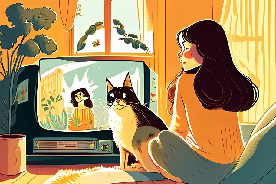 beautiful brunette woman watching tv with a cat, children's book illustration in style of Brigette Barrager, Sven Nordqvist and Nicole Rubel in sunshine