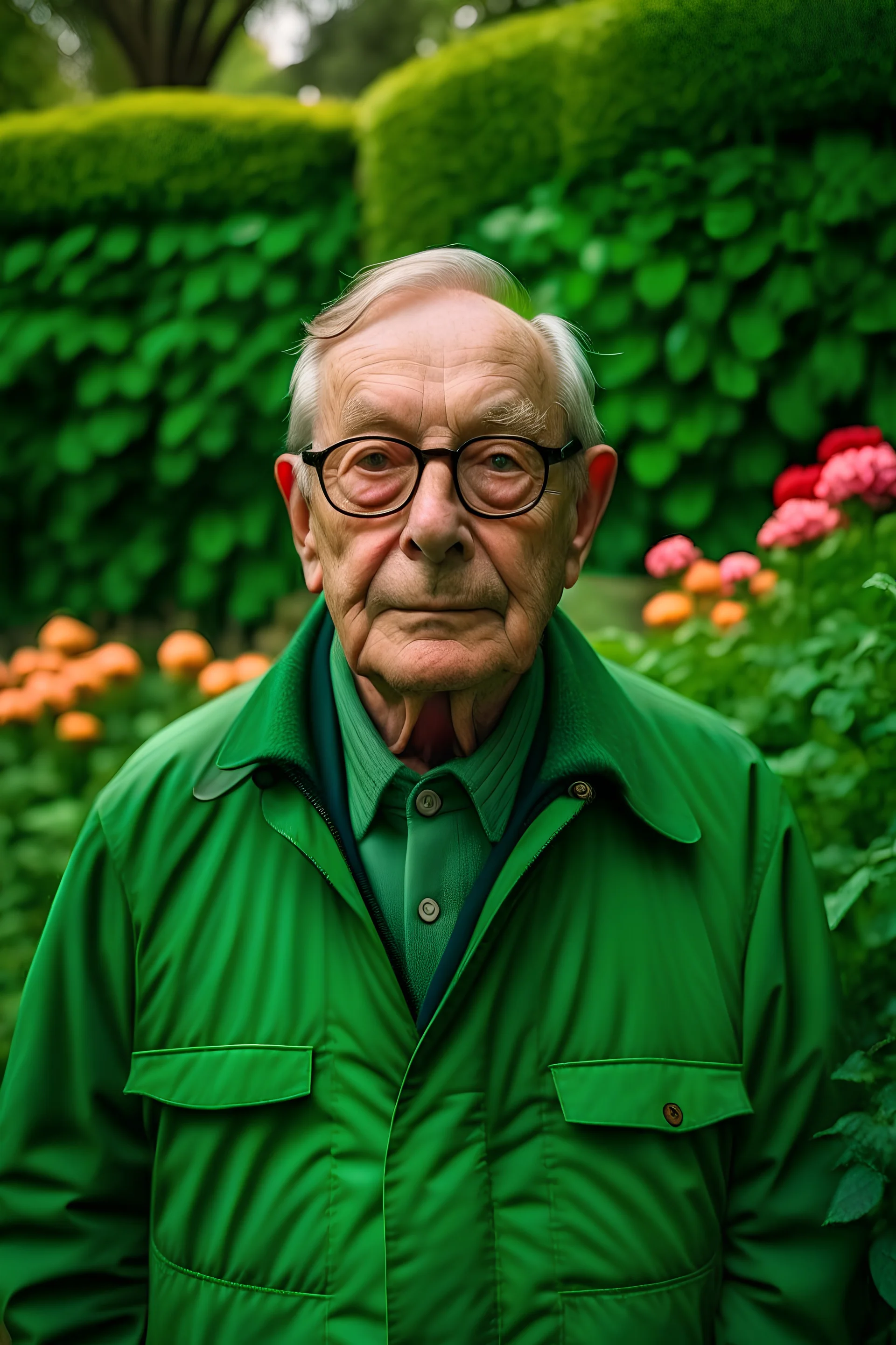 un retrato de un anciano con un sobretodo verde y lentes de marco grueso en un jardin de rosas