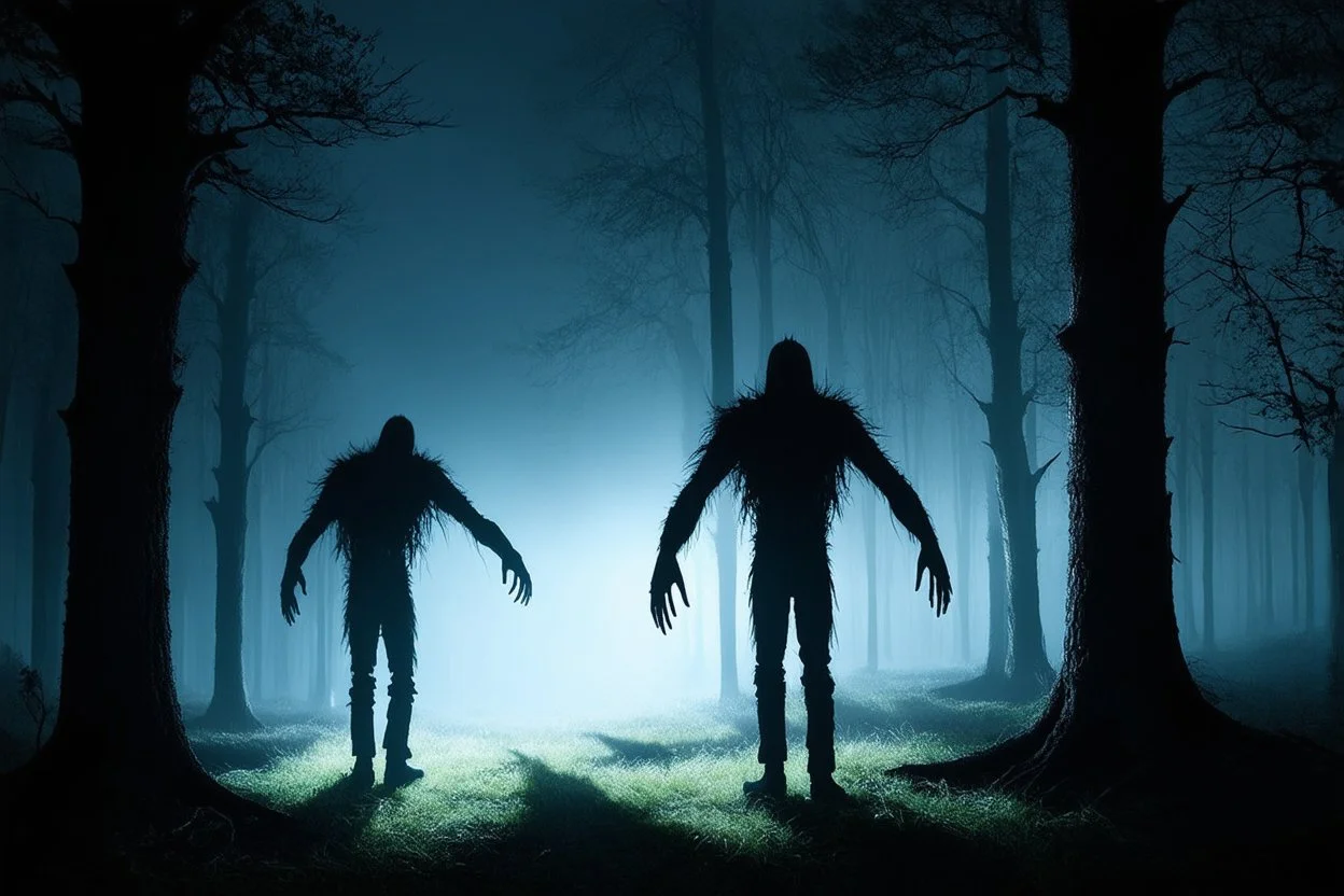 low res, low quality picture, high film grain, terrifying scene of backlit shadows of a long tall supernatural creatures with extremely long limp arms standing amongst tall branchless tree trunks on a foggy night, surreal, distorted, found footage horror, low contrast, static haze