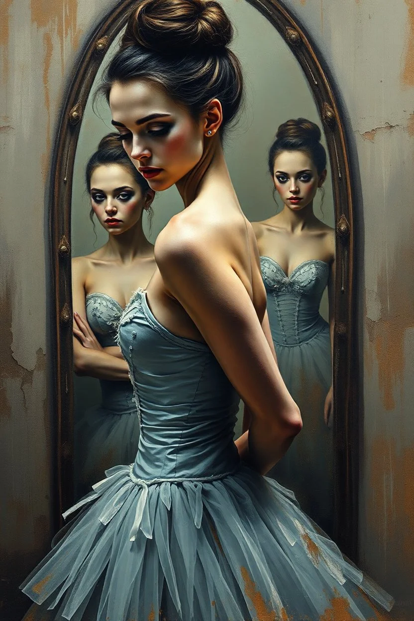 a beautiful ballerina, in a studio, Infront of a mirror, side profile with eyes looking slightly Down, her reflection in the mirror is however looking straight back at her and not looking down, scary, dark undertone, 12k, detailed painting, thick impasto and textures with rough brush strokes, chaos background with cracked paint, peeling off