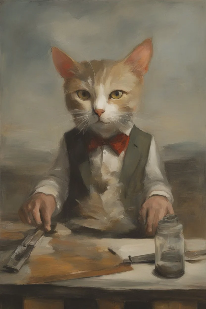 UN conference,a cat and human flesh-like surgical instruments and universe-like a pigeon and neuralink, surrealism,minimalism,Painting By Adrian Ghenie, Rene Magritte, Salvador Dali, Lucian Freud