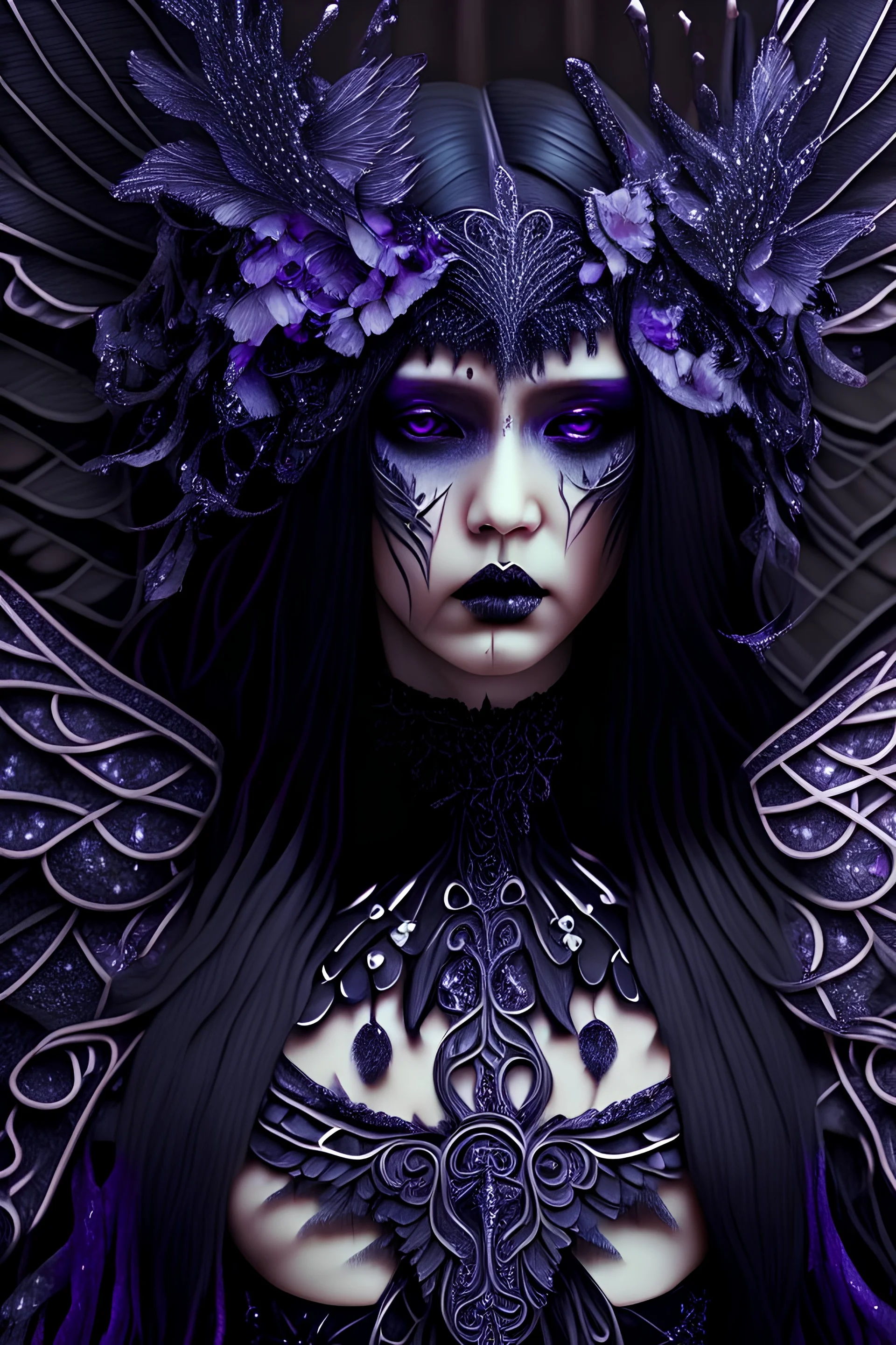 Beautiful voidcore Seraphim black angel portrait textured feathers ribbed with voidcore style mineral stone ribbed headdress, black pearls i, white crystals n the long black hair, textured butterfly pattern embossed art nouveau black and violet costume extremelmly detailed intricate 8 k organic bio spinal ribbed detail of floral embossed voidcore decadent angelic background resolution epic cinematic maximálist concept art