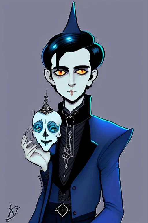 black haired blue eyed young man necromancer wizard with gothic jewelry in the style of charles addams