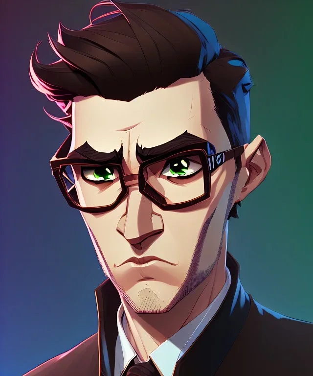 Fit man in round glasses, wavy hair, stubble, slim, tie, monotone, green eyes, comic book style, two tone colours, detailed, ink, realistic, handsome, square jaw, big brows, no jacket, bird on the shoulder, spotlight