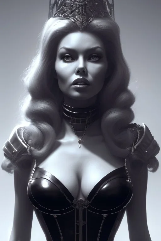 Brigitte Bardot as evil queen in black leather, leather, busty, cleavage, angry, stern look. character design by cory loftis, fenghua zhong, ryohei hase, ismail inceoglu and ruan jia. unreal engine 5, artistic lighting, highly detailed, photorealistic, fantasy.