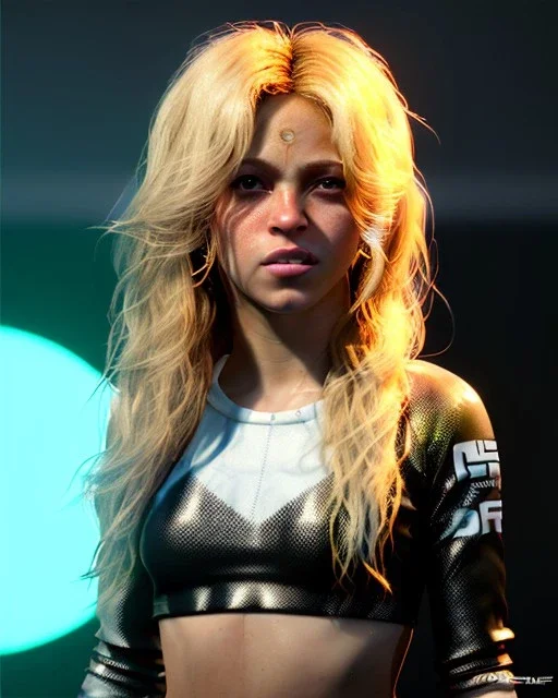 portrait, Shakira, blonde artist, angry, Realistic image, MMA robe, hoodie, mma gloves, loose long hair, eyes, makeup, gold line make up, moisture, sweat, fog, goddess, Neon colors, leds. Black background, photo studio, concept art, smooth, unreal engine 5, god lights, ray tracing, RTX, lumen lighting, ultra detail, volumetric lighting, 3d, finely drawn, high definition, 4k.