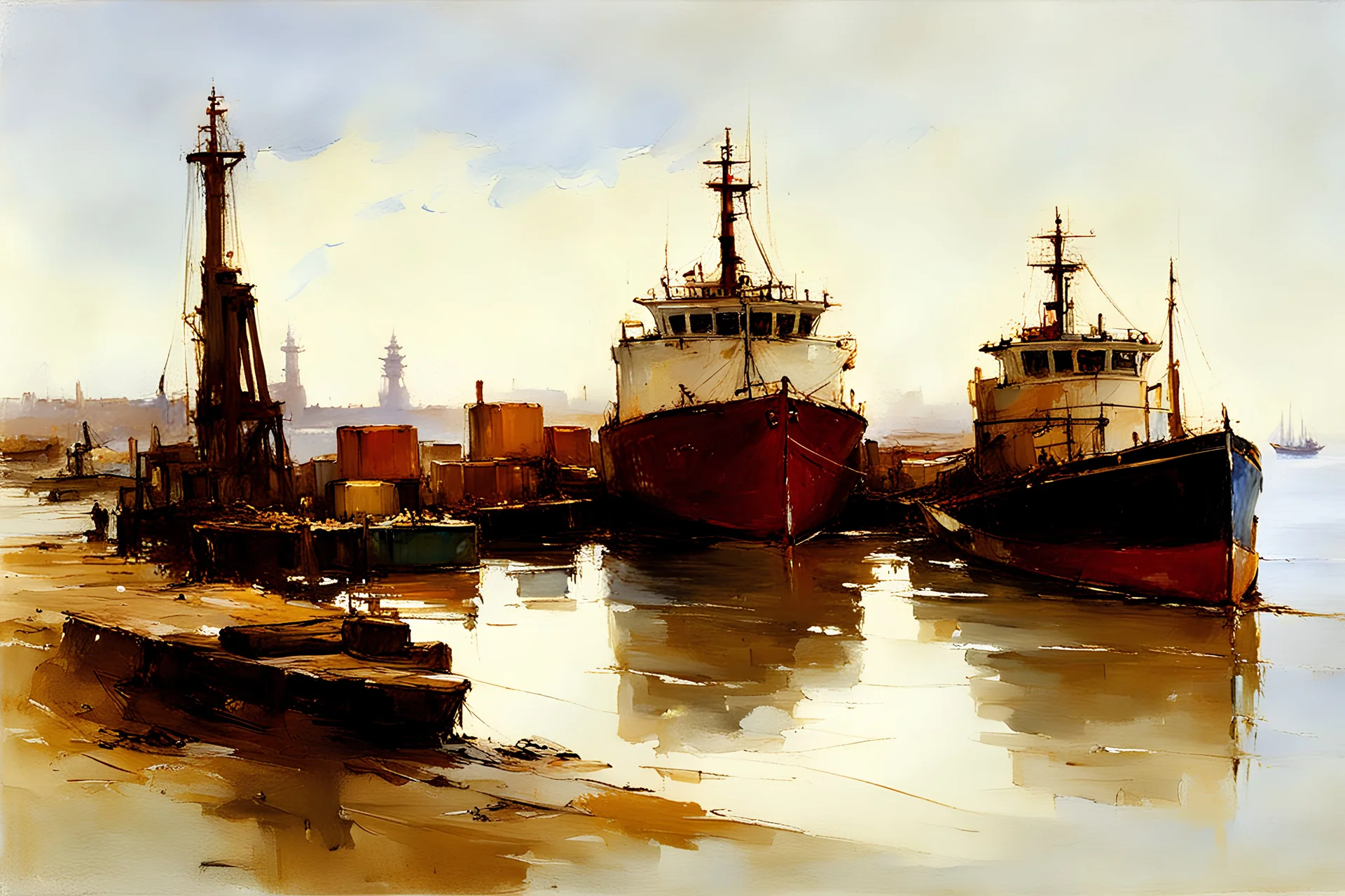 loose painting of a working harbor wharf, where freighters and tugboats are offloading cargo ala richard schmid