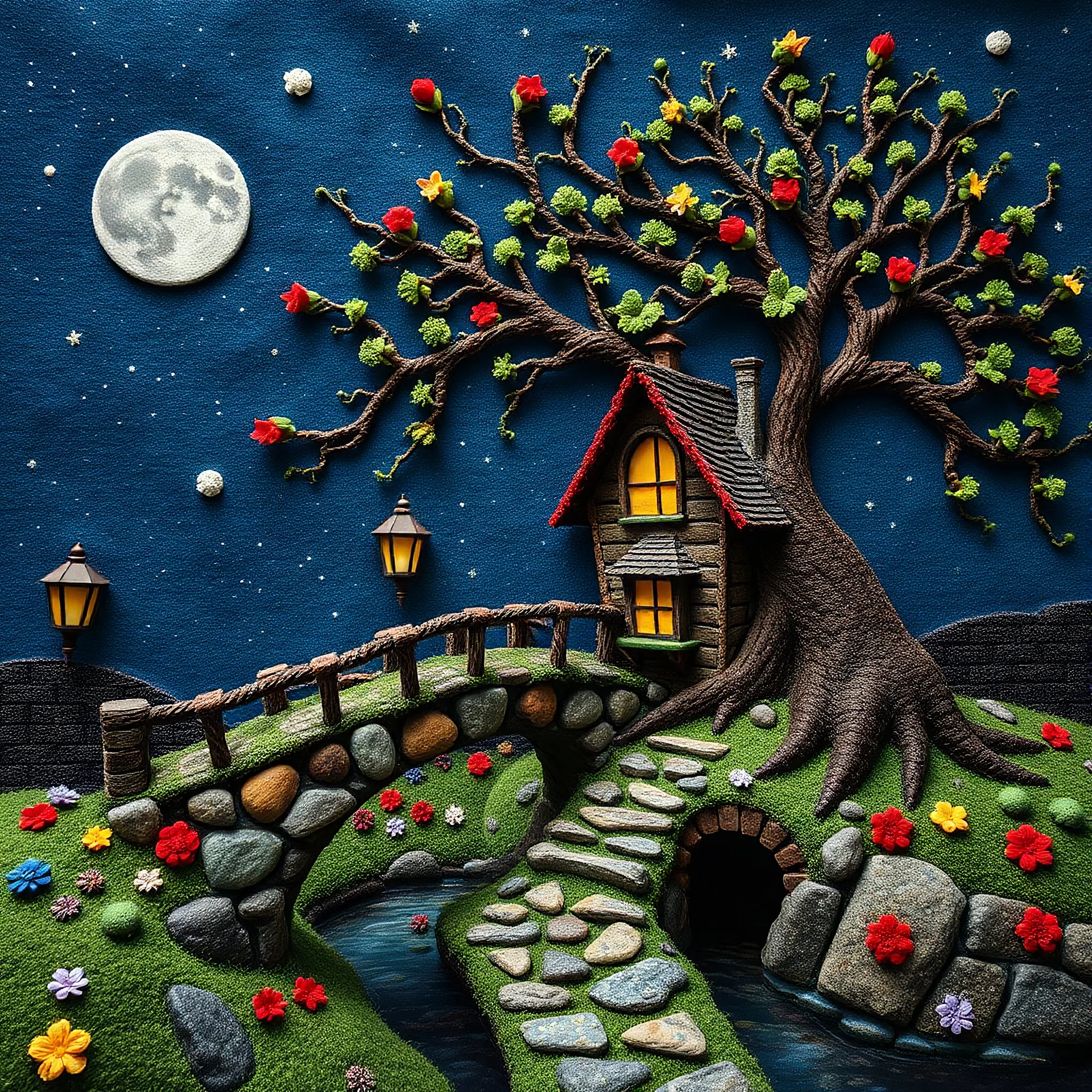 Photograph hasselblad h6d400c --ar 85:128 --v 6.0 of a fairy old bridge, tree, old bewitched house, made of felt, art, 3d deep field, Joan Miró, wide angle landscape scene, galaxies, creepy, needlepoint, abstract silhoutte, expressionist style, colorful holiday