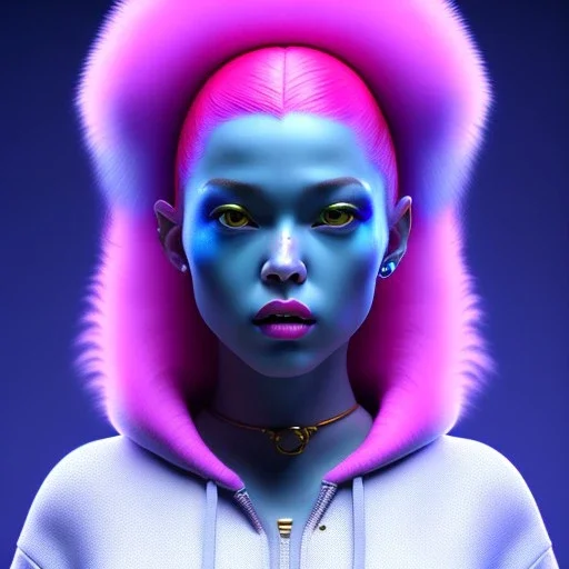 Ukrainian woman, rounded face, bubble gum, heavily made up, blue, pink, hoodie, feathers, retro, latex, leather, soft color, highly detailed, art stations, concept art, smooth, unreal engine 5, god rays, ray tracing, RTX, lumen lighting, ultra detail, volumetric lighting, 3d, finely drawn, high definition, high resolution, neon background.