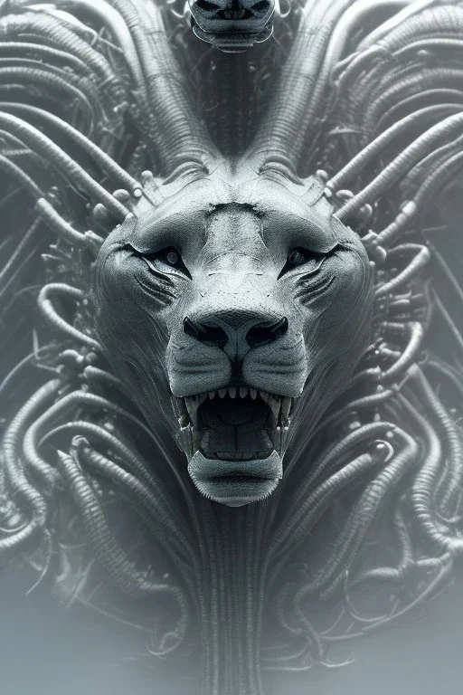  lion alien, head,8 eyes, evil, 8k, finely detailed, photo realistic, HR Giger style