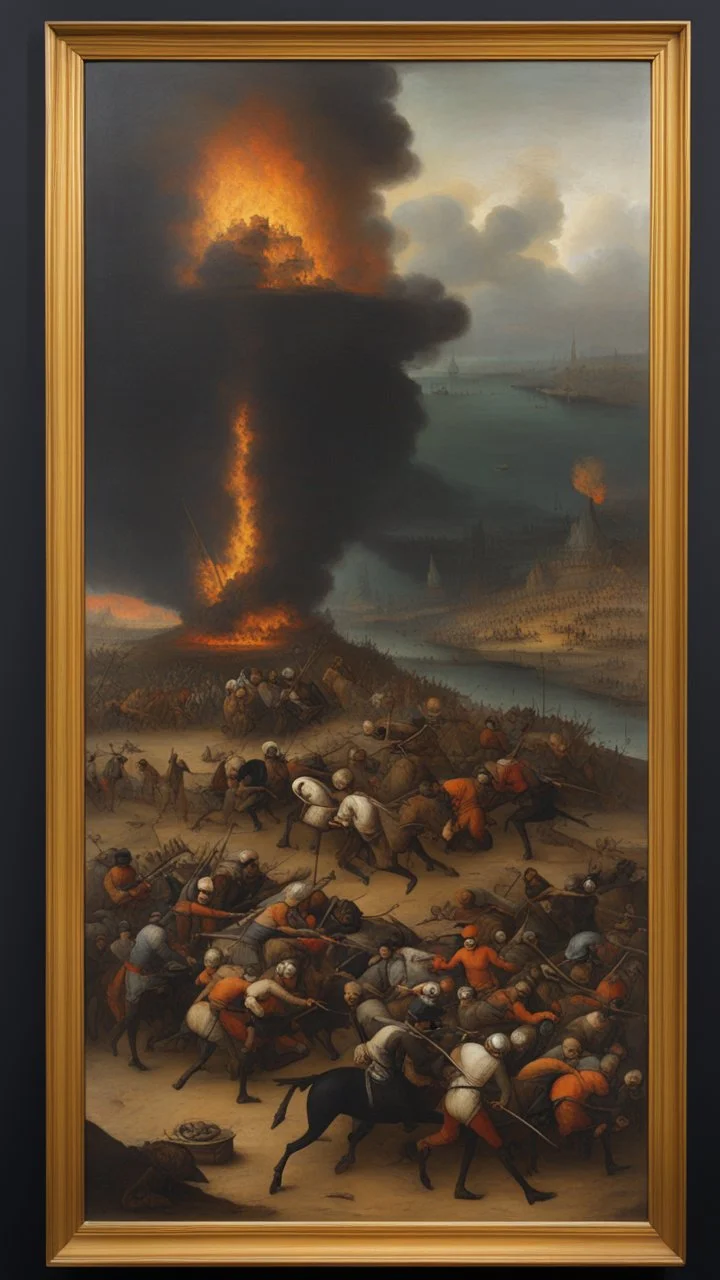 The Triumph of Death oil panel with nuclear bomb painting by Pieter Bruegel style