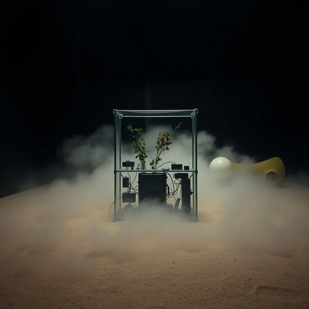 A photo of a closed environment in a dark closed space. In the background there is a forest. Più piani si intersecano. At the center, a structure made of plastic. Some electronical devices. Plants, clouds. The surface below appears to be sandy, with small accumulations of sand. Fog, powder. In the background, other forms or structures are visible, pastel colors, yellow. The photo was taken with a Hasselblad H6D 400c camera.