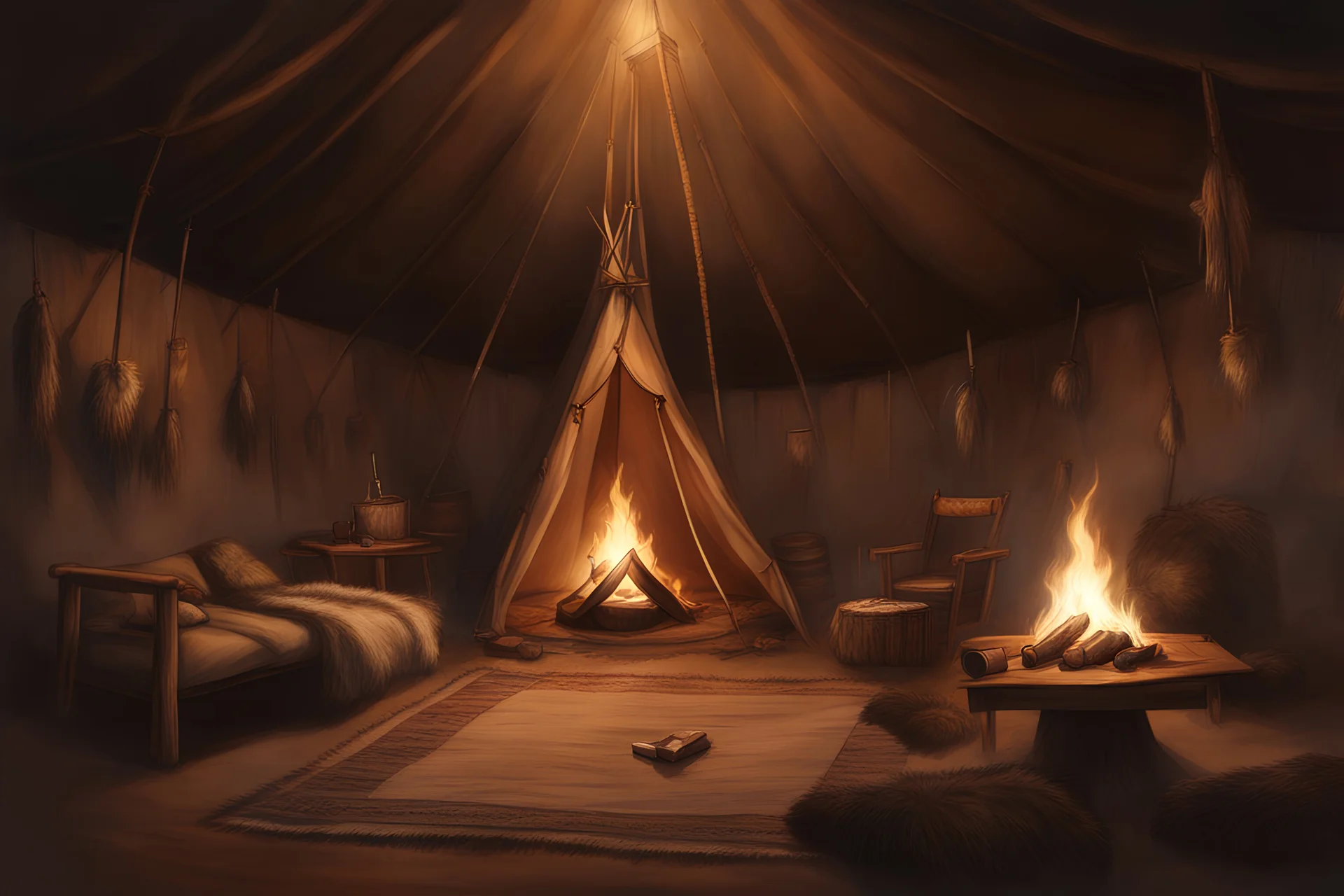Tribal Tent Photorealistic Concept Art, 1800s Old West, Interior, Tent, Torches, Throne, Furs